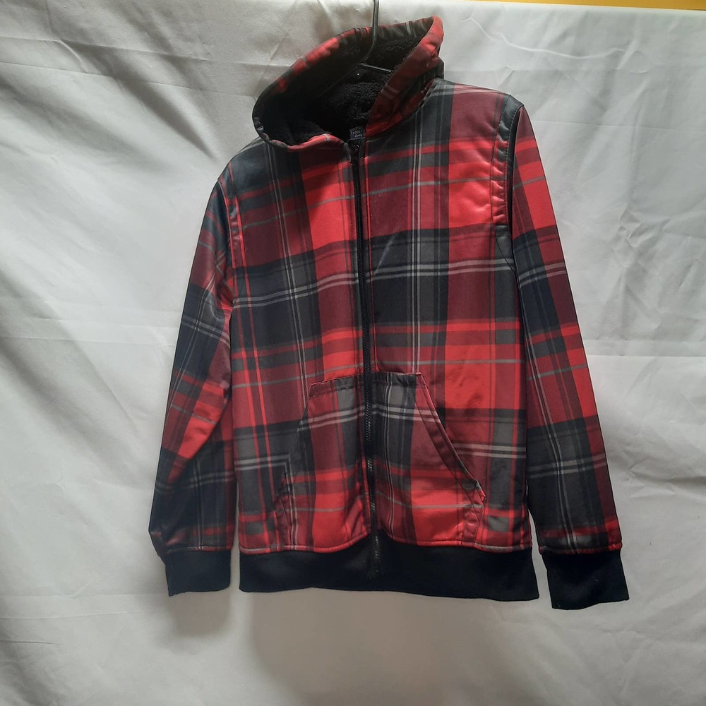 Faded Glory Classic Red & Black Plaid Fleece Lined Zip Hooded Jacket XXL 18
